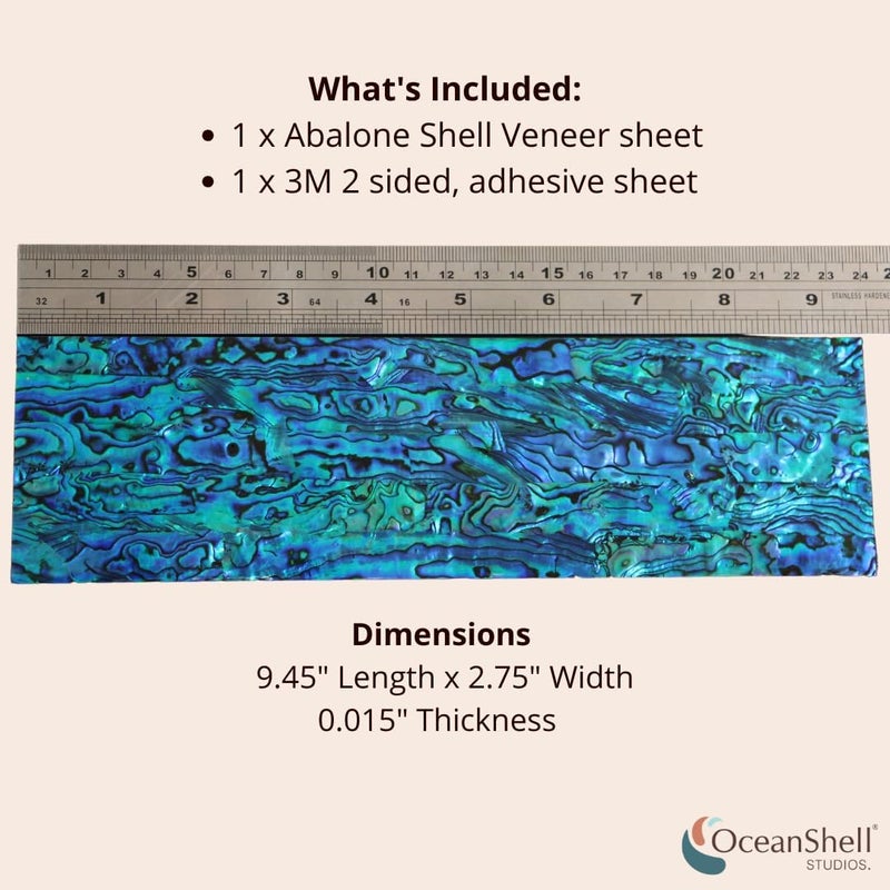 Ocean Shell Studios. Abalone Shell Inlay Veneer for DIY or Professional Inlay Embellishments - Sustainable New Zealand Paua Blue Sapphire- With 3M Double Sided Tape Backing - 9.45"X2.75" - Image 2